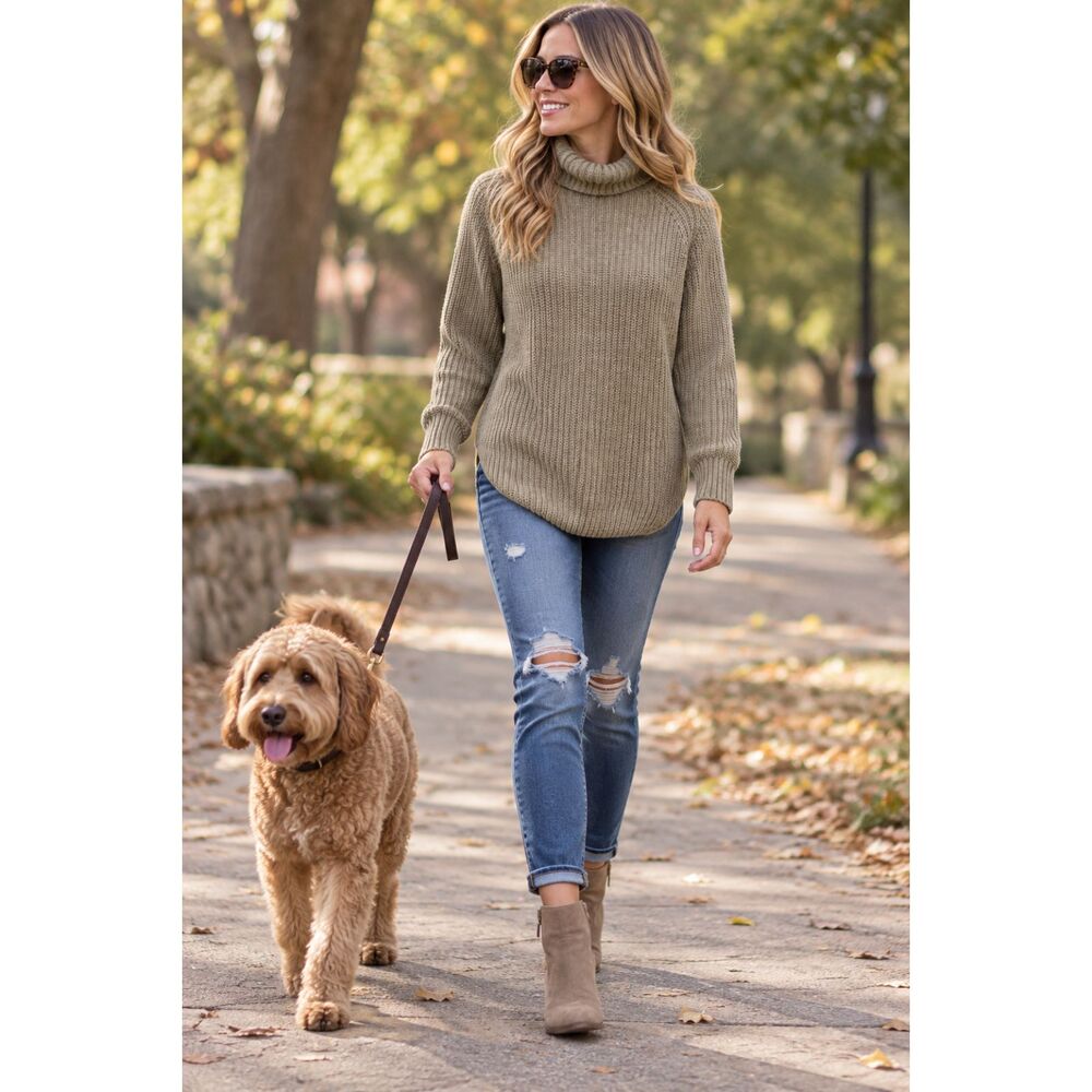 Silence + Noise Ribbed Chunky Turtleneck Sweater Tan Tunic Women's Small Cottage